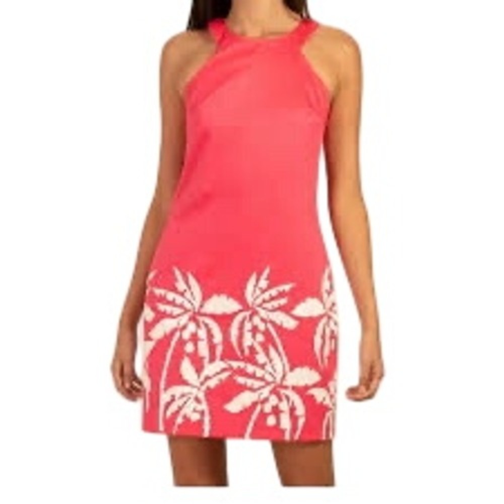 Trina Turk Palm Tree Shift Dress Women 4 Coral Pink Excellent Tropical High Neck